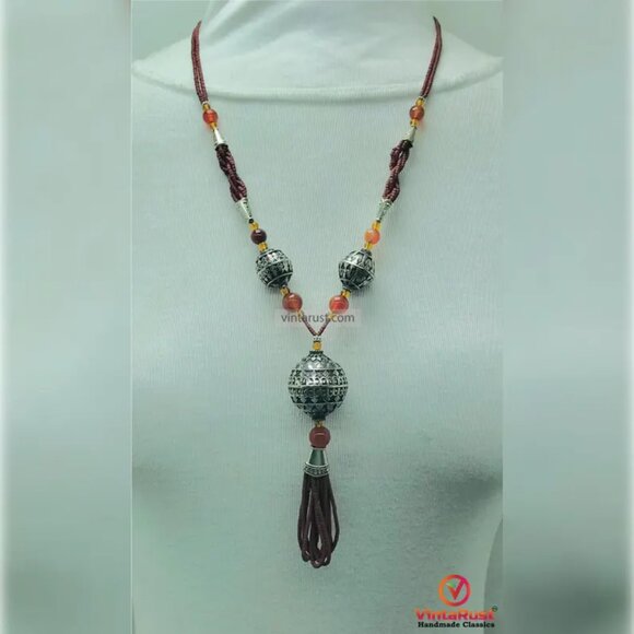 Vintage Style Tassel Necklace with Ornate Metal Beads, Statement Tribal Pendant - Picture 5 of 13